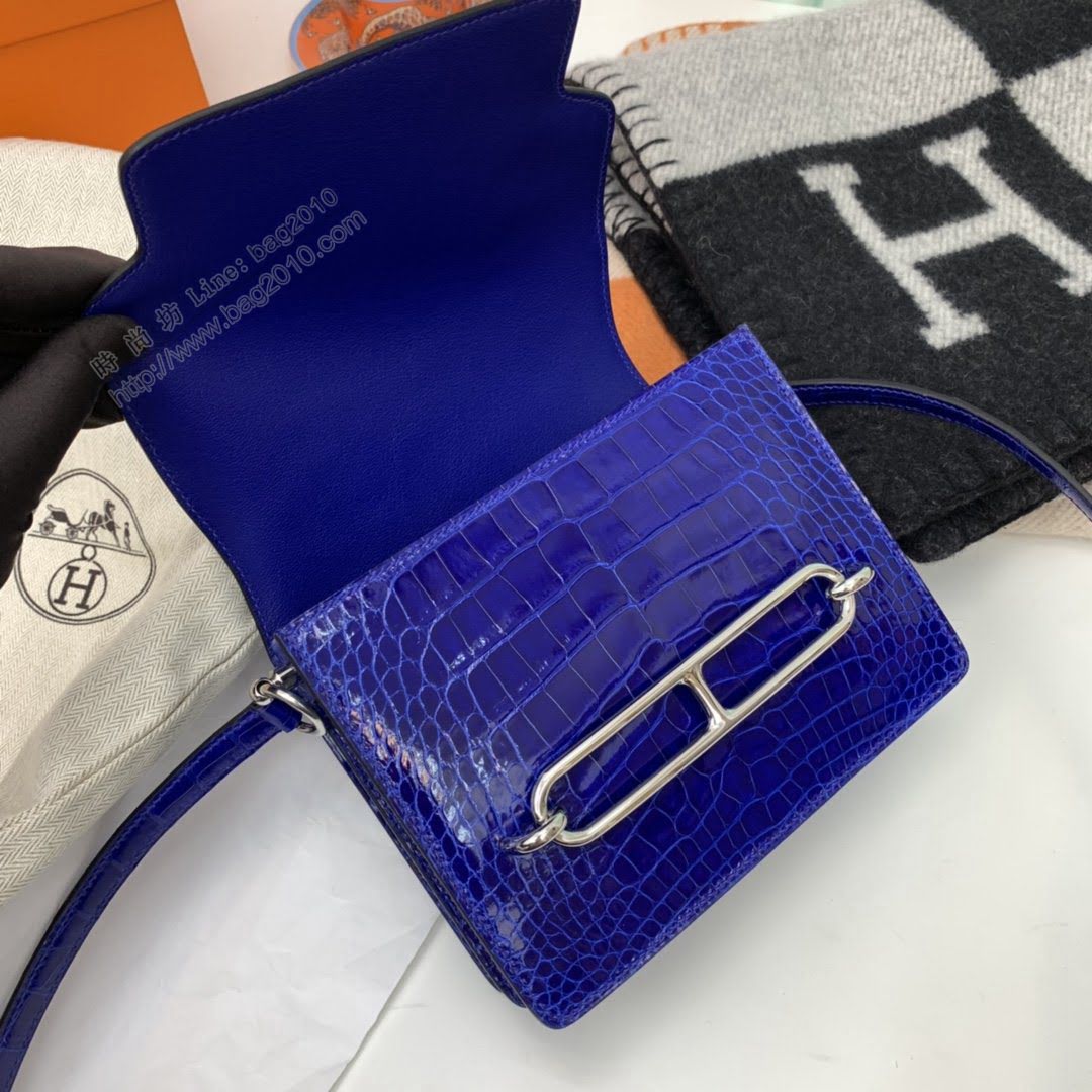 Hermesn豬鼻子包 愛馬仕roulis Alligator crocodile 美洲鱷魚 亮光 7T電光藍 銀扣  am2254